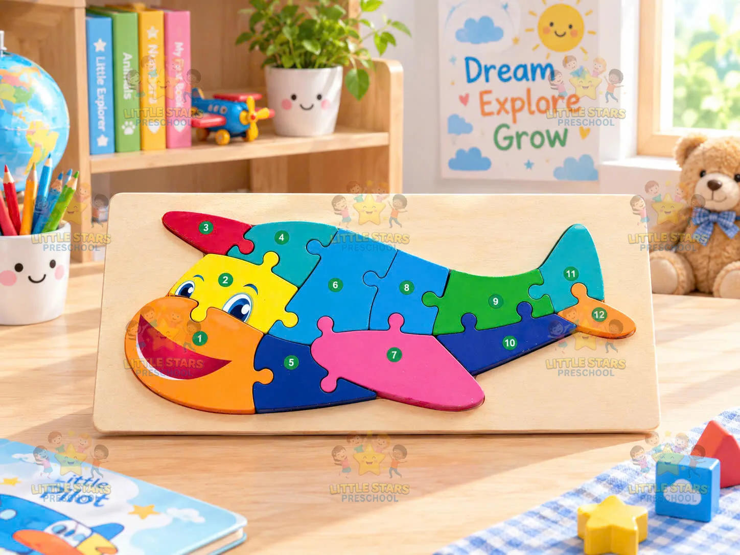 Bảng ghép hình gỗ số 1-12 Máy Bay Cầu Vồng (Airplane Puzzle)