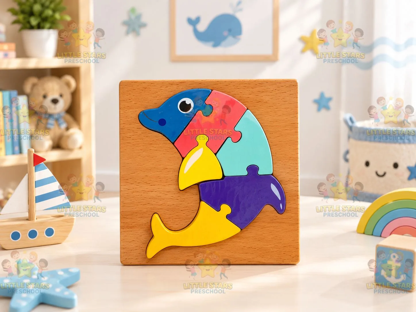 Mảnh Ghép Hình Gỗ 3D Hình Cá Heo Cho Bé - Đồ Chơi Giáo Dục Thông Minh Phát Triển Tư Duy Montessori
