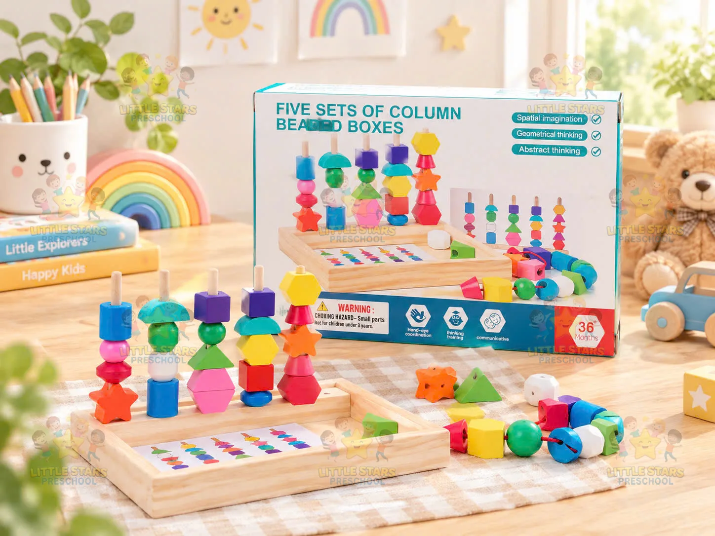 Bộ xâu cọc & luồn hạt hình học 5 cột gỗ (Five Column Beaded Boxes)