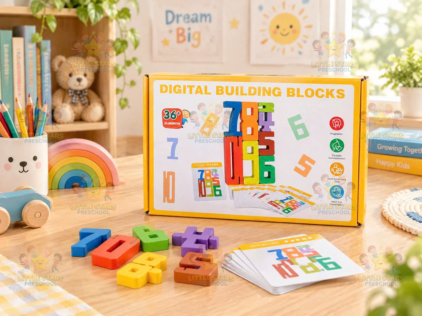 Bộ khối gỗ chữ số xếp hình logic & thẻ thử thách (Digital Building Blocks)