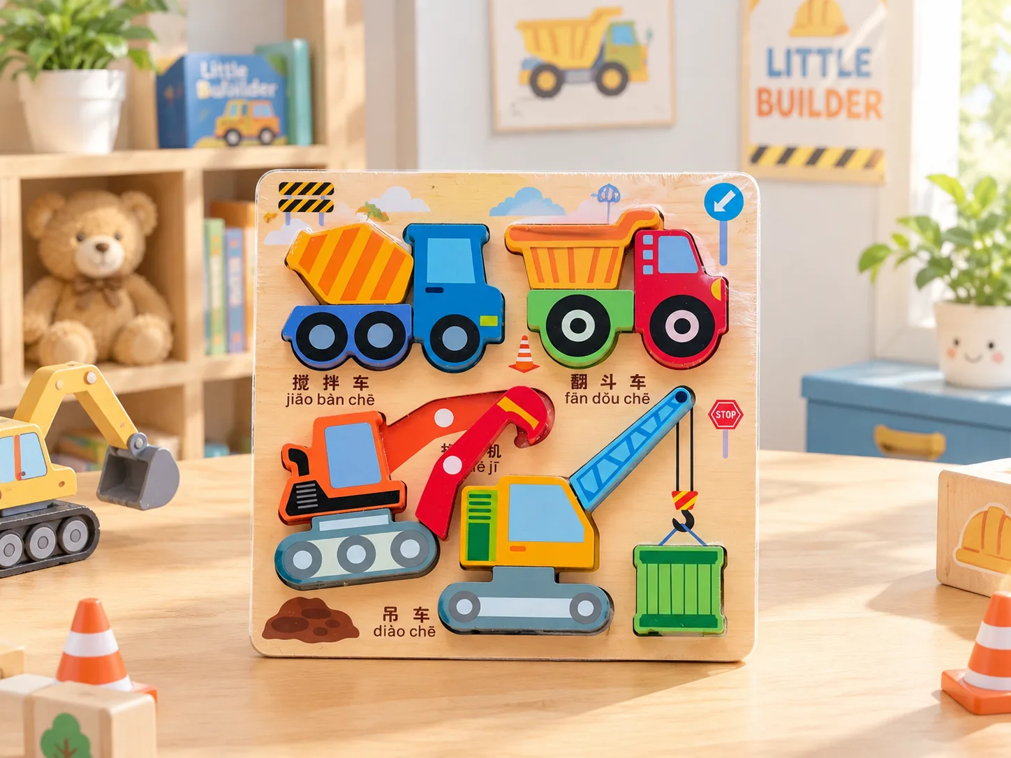 Mảnh Ghép Hình Gỗ Chủ Đề Xe Công Trình Cho Bé – Đồ Chơi Giáo Dục Thông Minh Phát Triển Tư Duy Montessori