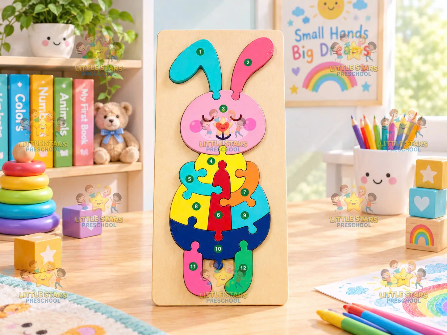 Bảng ghép hình gỗ số 1-12 Chú Thỏ Hồng Đứng (Rabbit Puzzle)