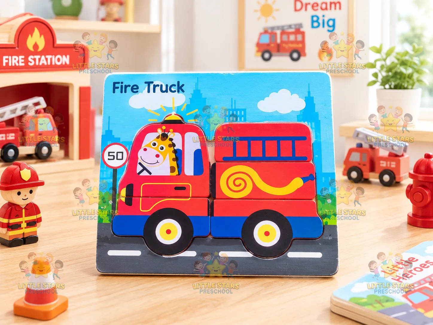 Mảnh Ghép Hình Gỗ 3D Hình Xe Cứu Hỏa Fire Truck Cho Bé - Đồ Chơi Giáo Dục Phương Tiện Giao Thông Montessori