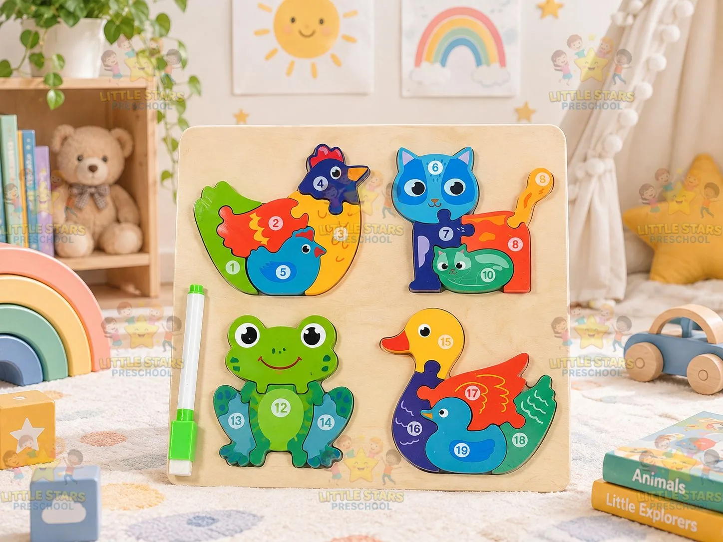 Mảnh Ghép Hình Gỗ 3D Chủ Đề Động Vật Kèm Bút Viết Bảng Cho Bé - Đồ Chơi Giáo Dục Tư Duy Montessori