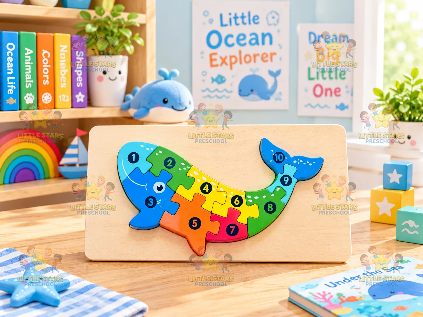 Mảnh Ghép Hình Gỗ 3D Đánh Số 1-10 Hình Cá Voi Cho Bé - Đồ Chơi Giáo Dục Thông Minh Phát Triển Tư Duy Montessori