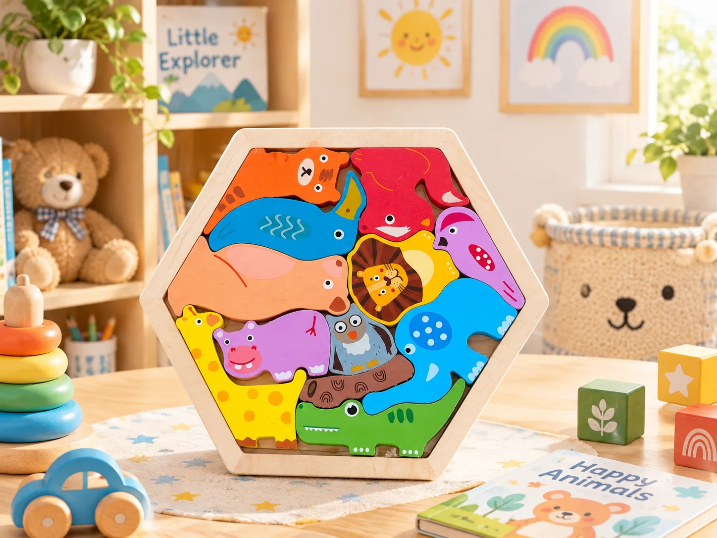 Khay gỗ lục giác ghép hình Động Vật Hoang Dã (Happy Animals)