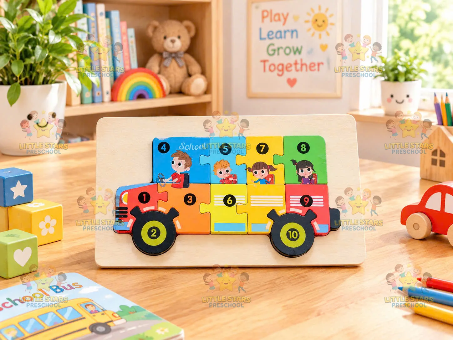 Bảng ghép hình gỗ số 1-10 Xe Buýt Đi Học (School Bus Puzzle)