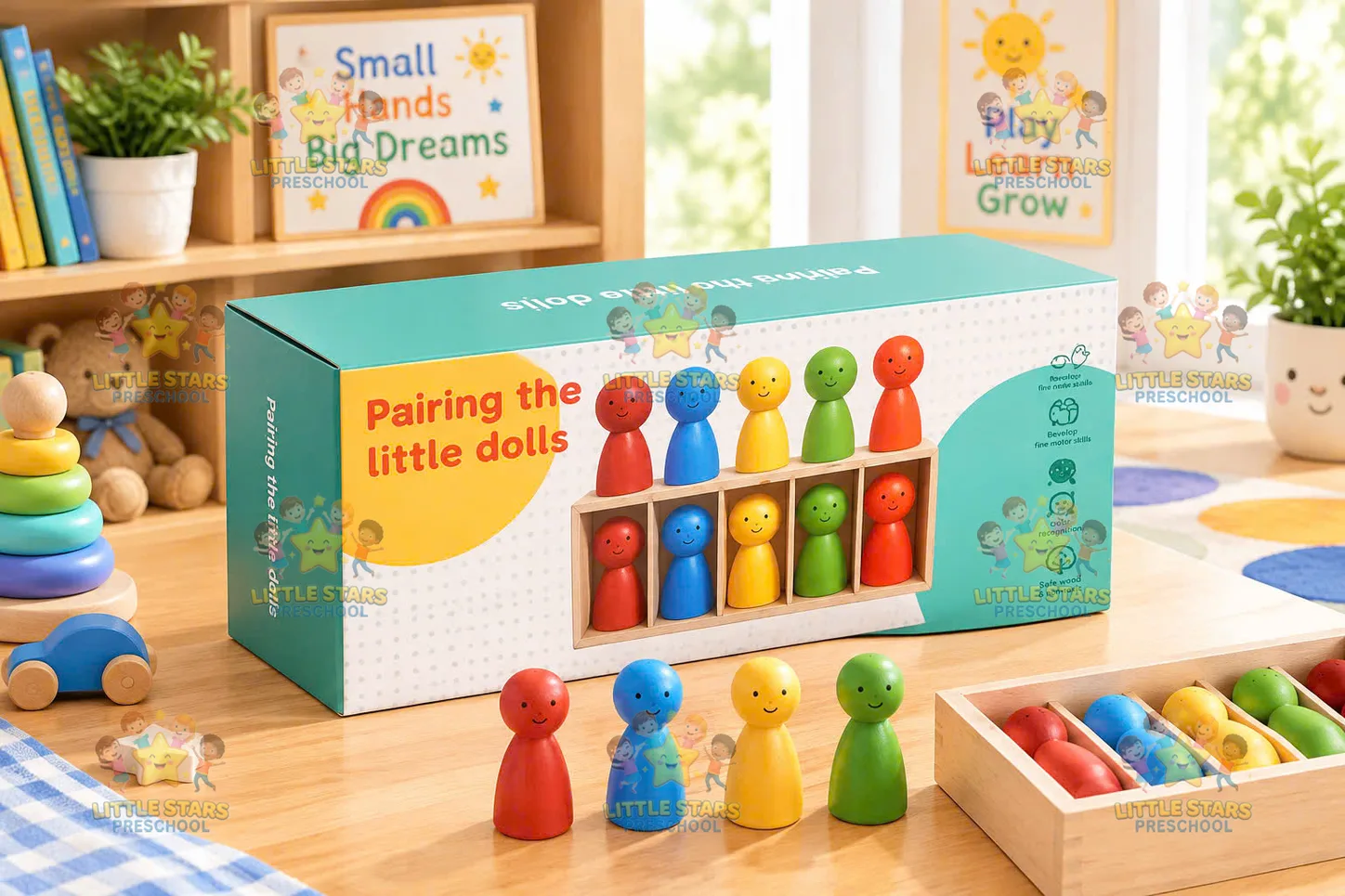 Bộ búp bê gỗ phân loại màu sắc & ghép đôi kèm khay (Pairing Little Dolls)